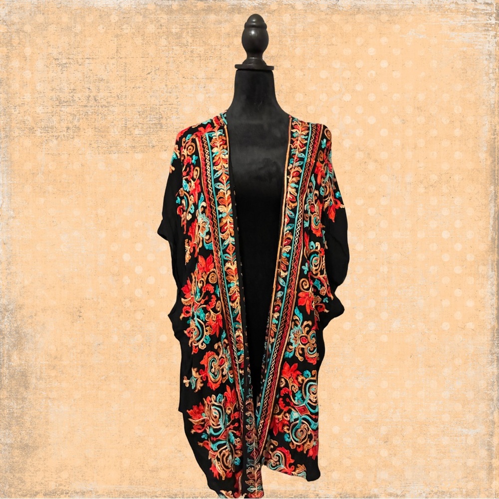 Boho vibes!!! Umgee Black Kimono with Red and Teal Embroidery